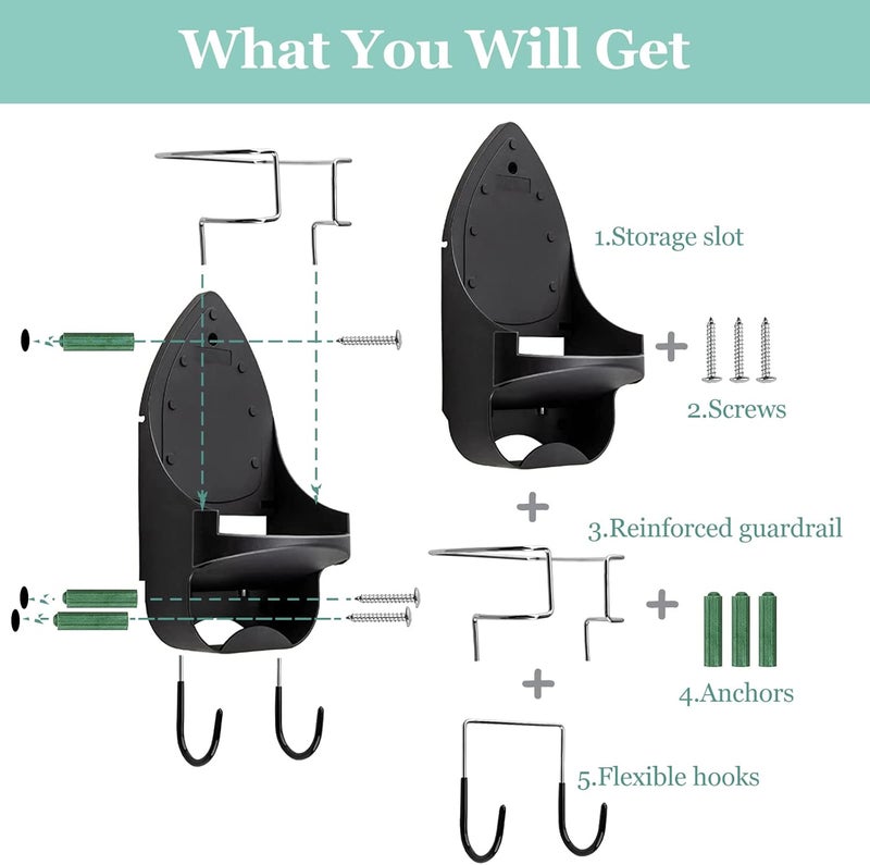 DOUBLE 2 C Ironing Board Hanger Wall Mount Electric Iron Holder Iron and Ironing Board Storage Organizer Shelf with Removable Hooks for Household Bathroom Laundry Room (Black) - Image 3